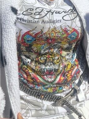 Ed Hardy White Short Sleeve Tee with Multicolor Rhinestone Tiger Crest